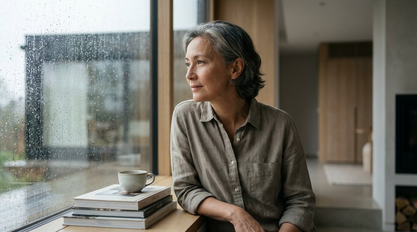 A calm, reflective adult looking through a rain-streaked window with soft natural light — illustrating the quiet cognitive shifts that come after 40.