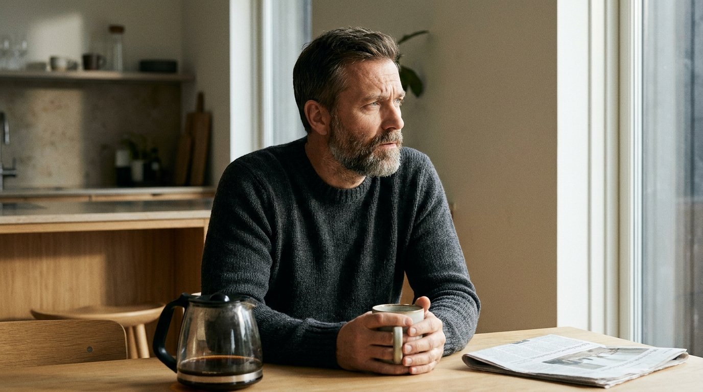 A thoughtful man in his mid-40s sits at a morning kitchen table holding a coffee cup, gazing out the window with a look of quiet mental fatigue — a familiar scene for many adults navigating brain fog after 40.